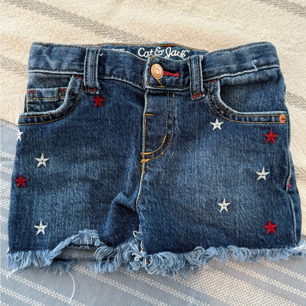 Cat & Jack red, white, & blue Jean Star Embroidered Denim Shorts toddler size 3T